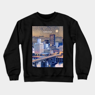 Portland Oregon Spring: Full Moon Spring Scene in Downtown on a Dark Background Portland, Oregon on a Dark Background Crewneck Sweatshirt